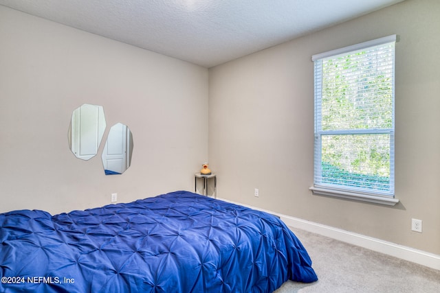 carpeted bedroom featuring a textured ceiling