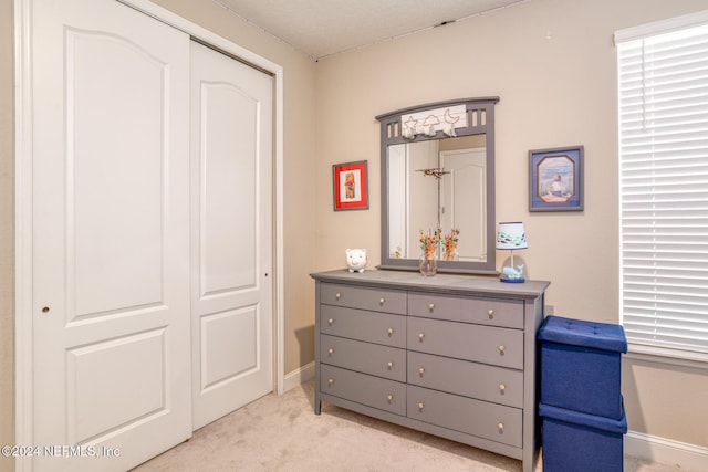 interior space with light colored carpet and a closet