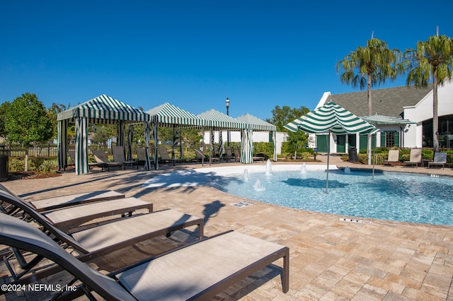 view of pool with a patio area and pool water feature