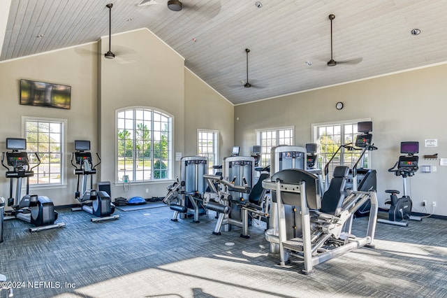 exercise room featuring ceiling fan, high vaulted ceiling, and wood ceiling