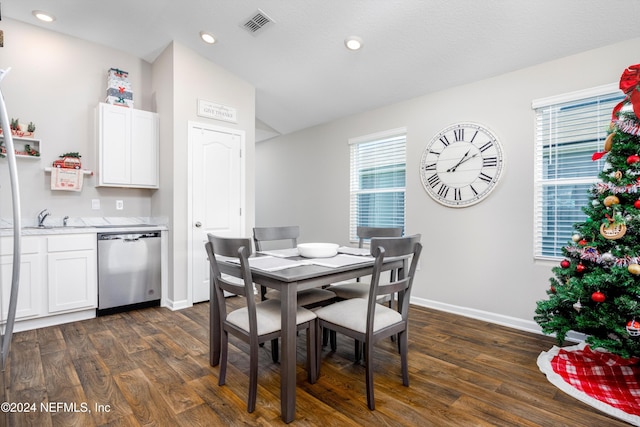 dining room with sink, dark hardwood / wood-style floors, and vaulted ceiling