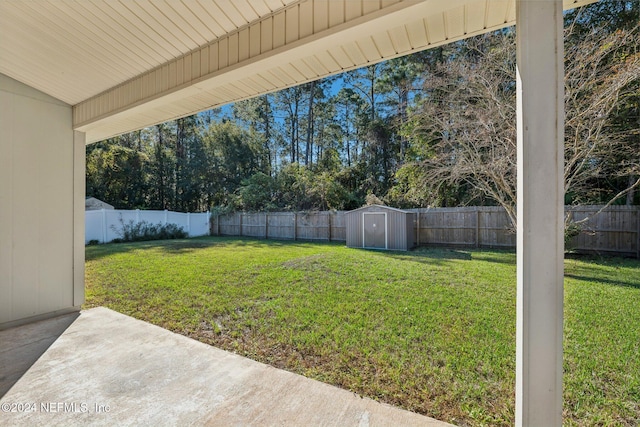 view of yard featuring a shed and a patio