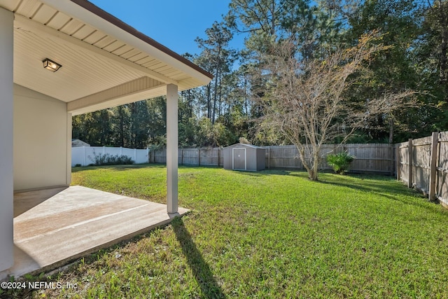 view of yard featuring a shed and a patio