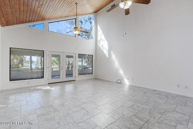 unfurnished living room featuring ceiling fan, wood ceiling, high vaulted ceiling, and french doors