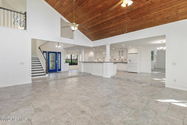 unfurnished living room featuring ceiling fan with notable chandelier, wood ceiling, and high vaulted ceiling