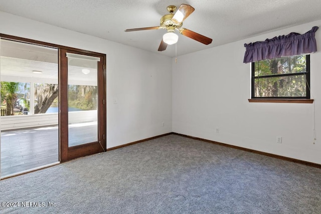 carpeted empty room featuring ceiling fan, plenty of natural light, and a textured ceiling