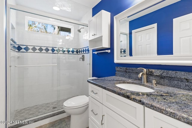 bathroom with walk in shower, backsplash, vanity, and toilet