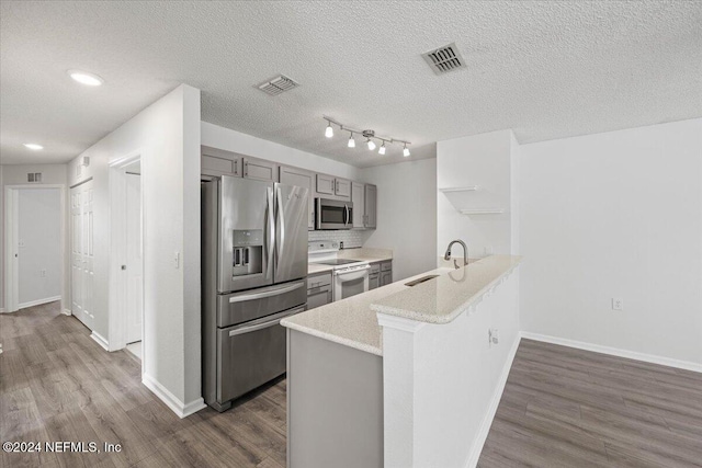 kitchen featuring kitchen peninsula, appliances with stainless steel finishes, sink, gray cabinets, and dark hardwood / wood-style floors