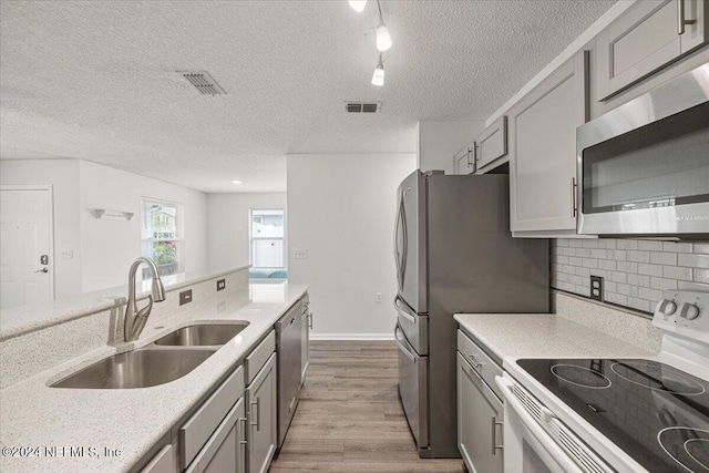 kitchen with sink, gray cabinets, light wood-type flooring, a textured ceiling, and appliances with stainless steel finishes