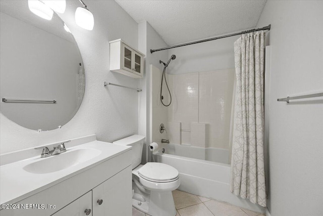 full bathroom featuring tile patterned flooring, a textured ceiling, toilet, vanity, and shower / tub combo