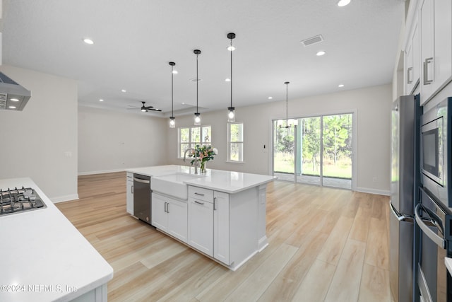 kitchen with ceiling fan, sink, light hardwood / wood-style flooring, pendant lighting, and a kitchen island with sink