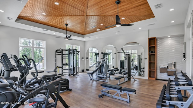 exercise room featuring ceiling fan, a raised ceiling, and wooden ceiling