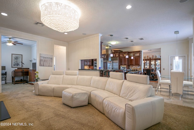 living room featuring crown molding, light colored carpet, and a textured ceiling