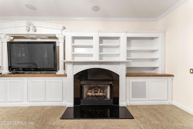 interior space with carpet flooring, a textured ceiling, and crown molding