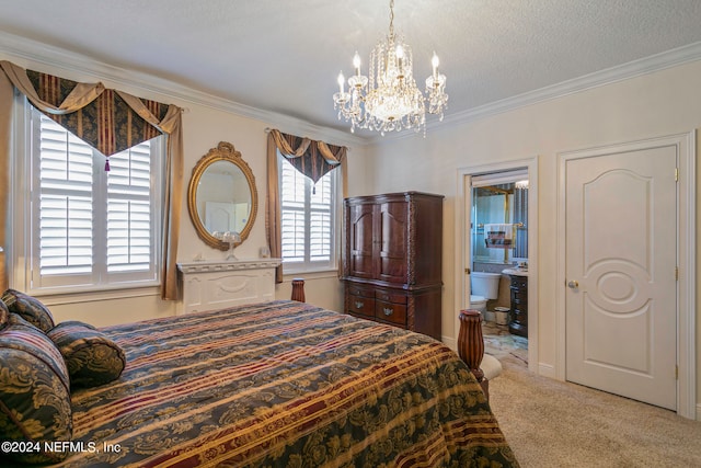 carpeted bedroom featuring connected bathroom, crown molding, a textured ceiling, and a notable chandelier