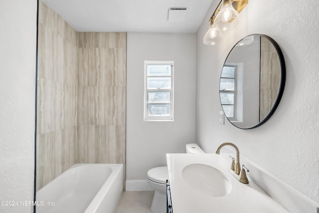 full bathroom with vanity, bathtub / shower combination, and toilet