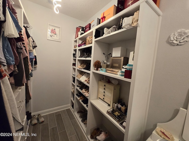 walk in closet with dark hardwood / wood-style floors