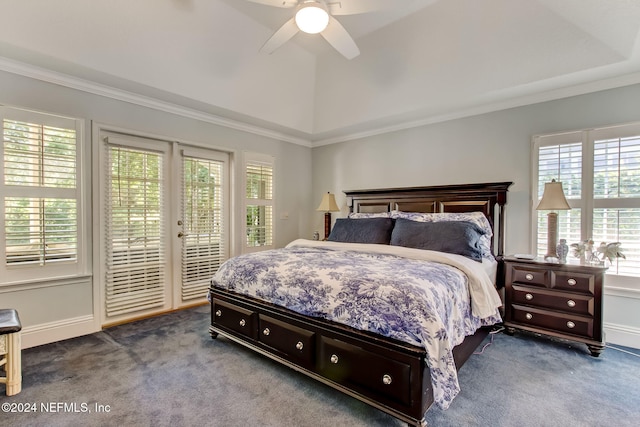 carpeted bedroom with ceiling fan, crown molding, and access to outside