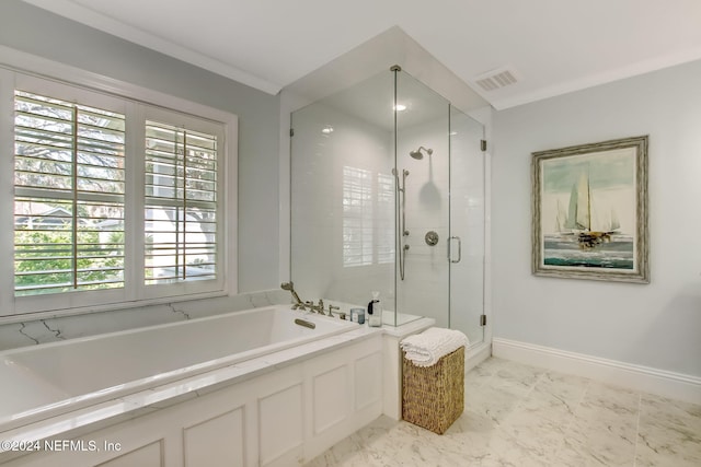 bathroom featuring shower with separate bathtub and ornamental molding