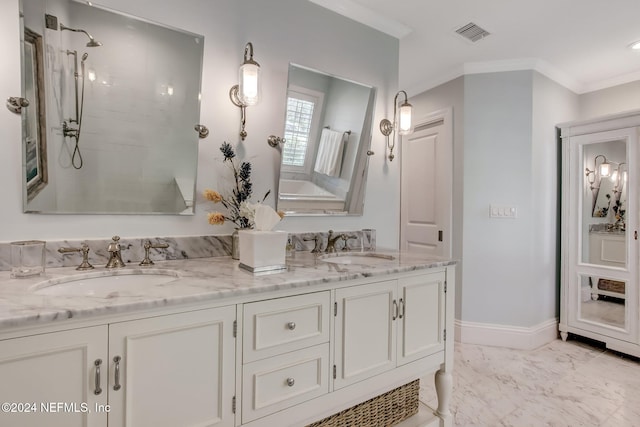 bathroom with a shower, vanity, and ornamental molding