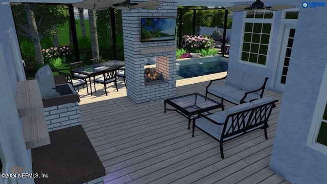 wooden deck featuring a multi sided fireplace and ceiling fan