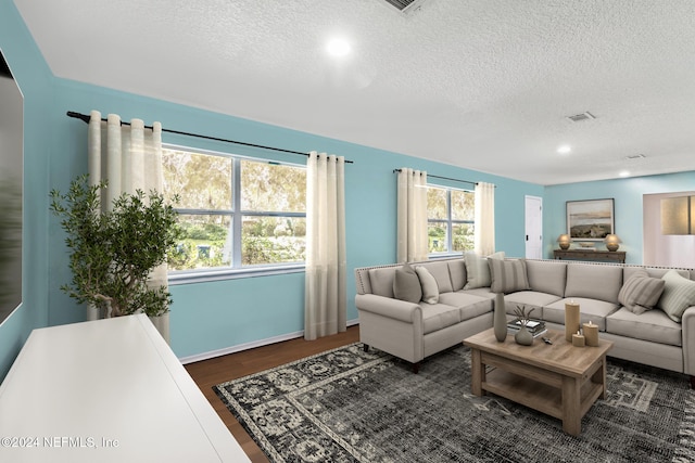 living room featuring a textured ceiling and dark hardwood / wood-style flooring