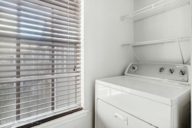 clothes washing area featuring washer / dryer