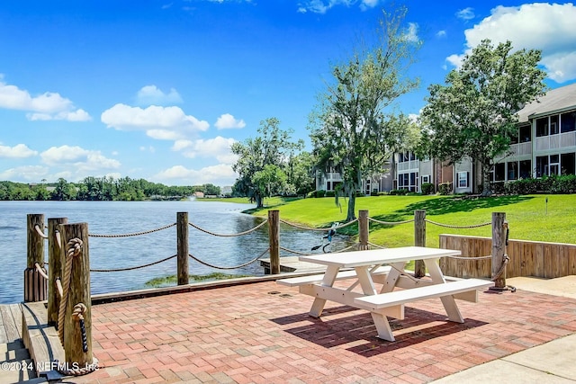 exterior space with a water view