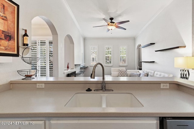 kitchen with a wealth of natural light, sink, stainless steel dishwasher, and ornamental molding