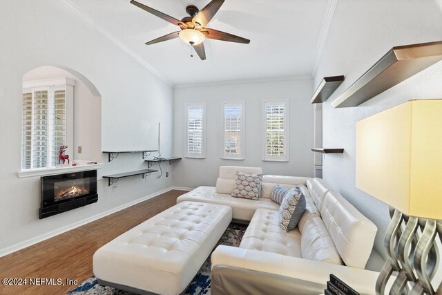 living room featuring crown molding, ceiling fan, and dark wood-type flooring