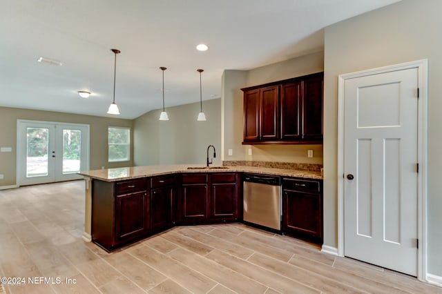 kitchen featuring french doors, sink, stainless steel dishwasher, light wood-type flooring, and kitchen peninsula