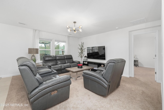 living room featuring light colored carpet and a chandelier