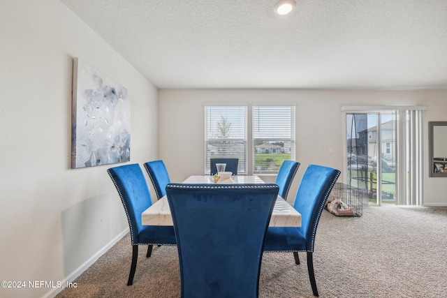 dining space featuring carpet, a textured ceiling, and a wealth of natural light