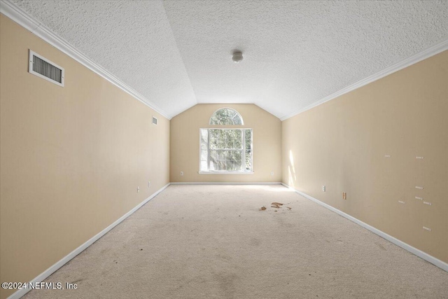 additional living space featuring a textured ceiling, light colored carpet, and lofted ceiling