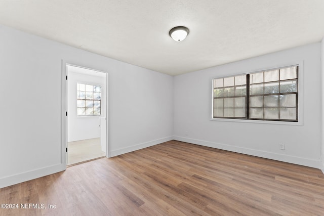 unfurnished room with a textured ceiling, light wood-type flooring, and a wealth of natural light