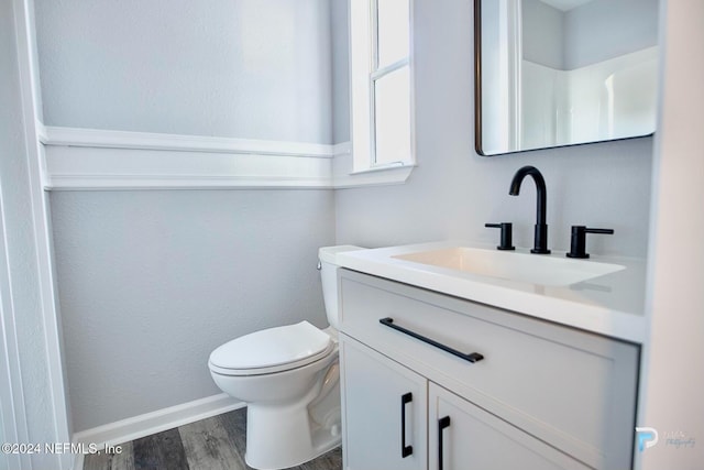 bathroom featuring vanity, toilet, and wood-type flooring