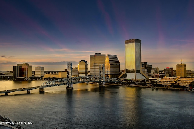 view of city with a water view