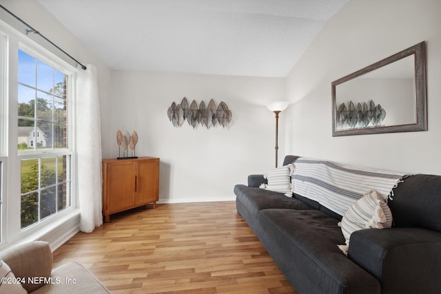 living room featuring vaulted ceiling, light hardwood / wood-style flooring, and a wealth of natural light