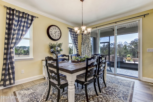 dining room with a chandelier, wood-type flooring, ornamental molding, and a healthy amount of sunlight