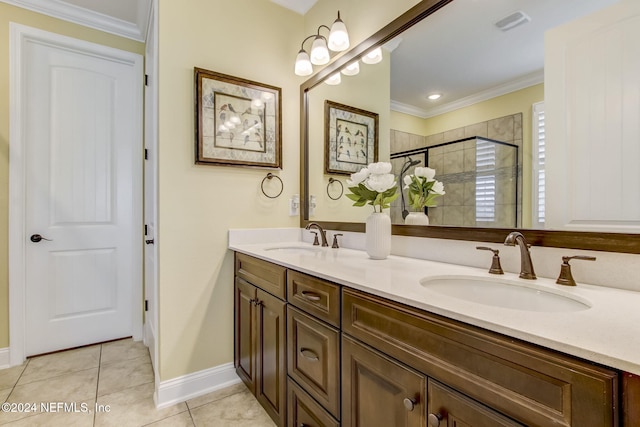 bathroom with tile patterned flooring, vanity, walk in shower, and ornamental molding