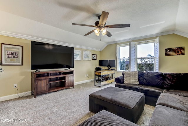 living room featuring light colored carpet, crown molding, ceiling fan, and lofted ceiling