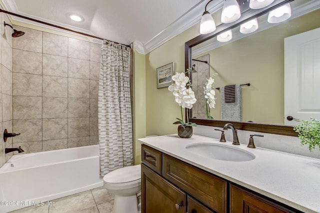 full bathroom featuring tile patterned flooring, toilet, vanity, shower / tub combo, and ornamental molding