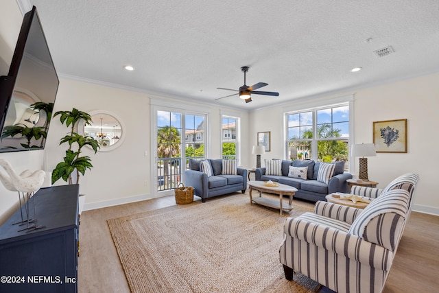 living room featuring a textured ceiling, light wood-type flooring, and a healthy amount of sunlight