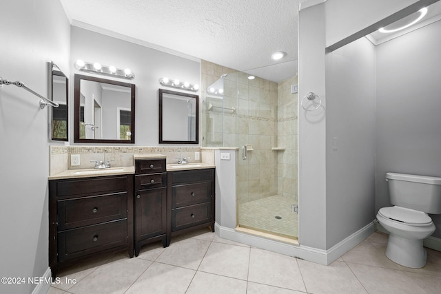 bathroom featuring a shower with door, tile patterned flooring, toilet, a textured ceiling, and tasteful backsplash