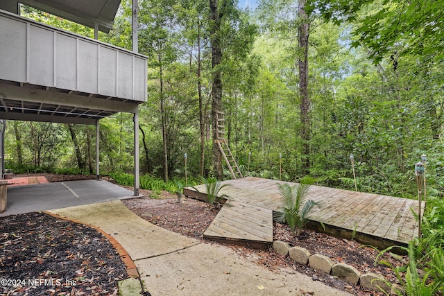 view of yard featuring a patio area and a wooden deck