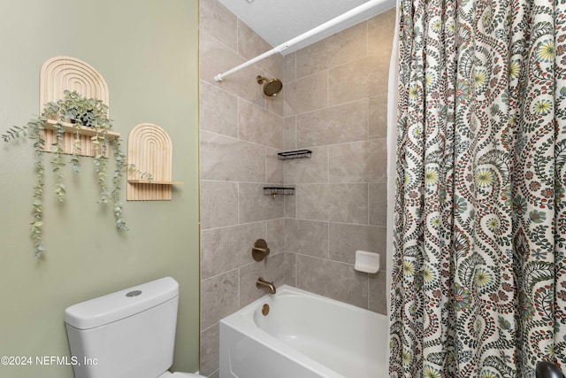 bathroom featuring shower / bathtub combination with curtain and toilet