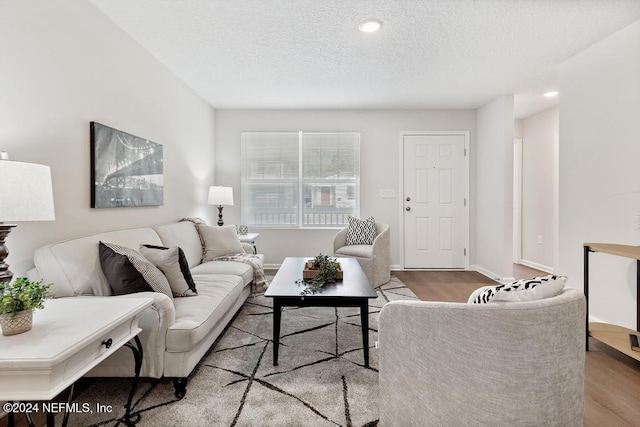 living room featuring a textured ceiling and light hardwood / wood-style flooring