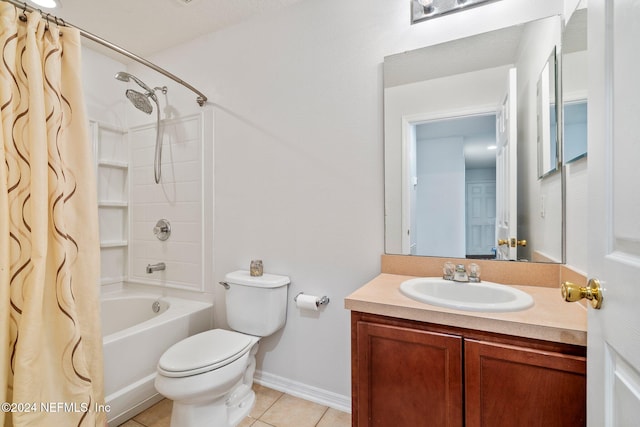 full bathroom featuring tile patterned floors, vanity, shower / bathtub combination with curtain, and toilet