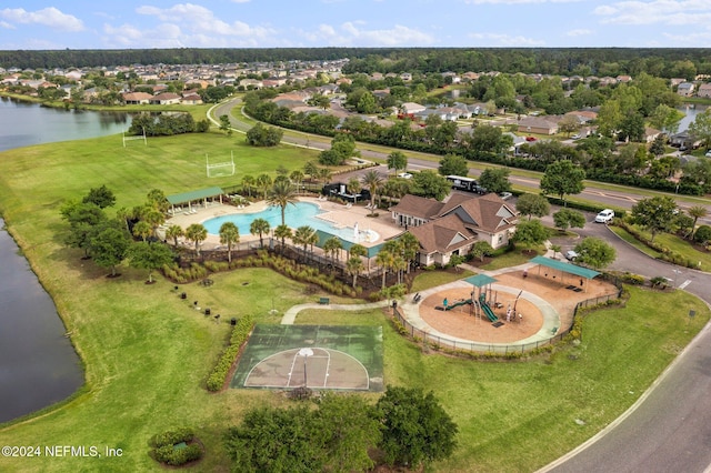 drone / aerial view featuring a water view