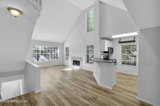 unfurnished living room with a tile fireplace, plenty of natural light, and light hardwood / wood-style floors